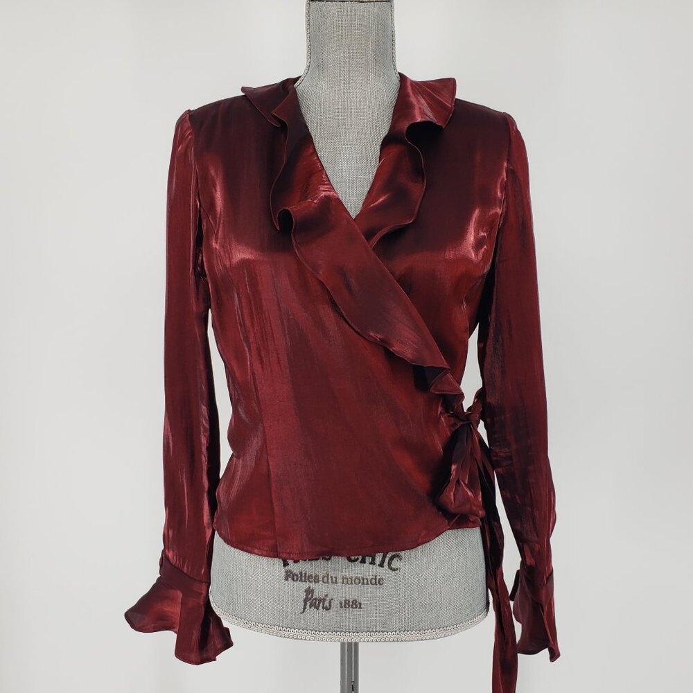 Xscape Wrap Blouse Top 10 Ruffle Trim Long Sleeve Iridescent Maroon Red Holiday